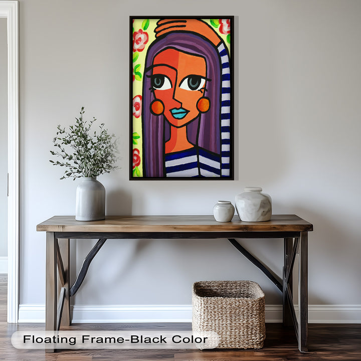 Striped Radiance – Playful Woman with Purple Hair Picasso Oil Painting