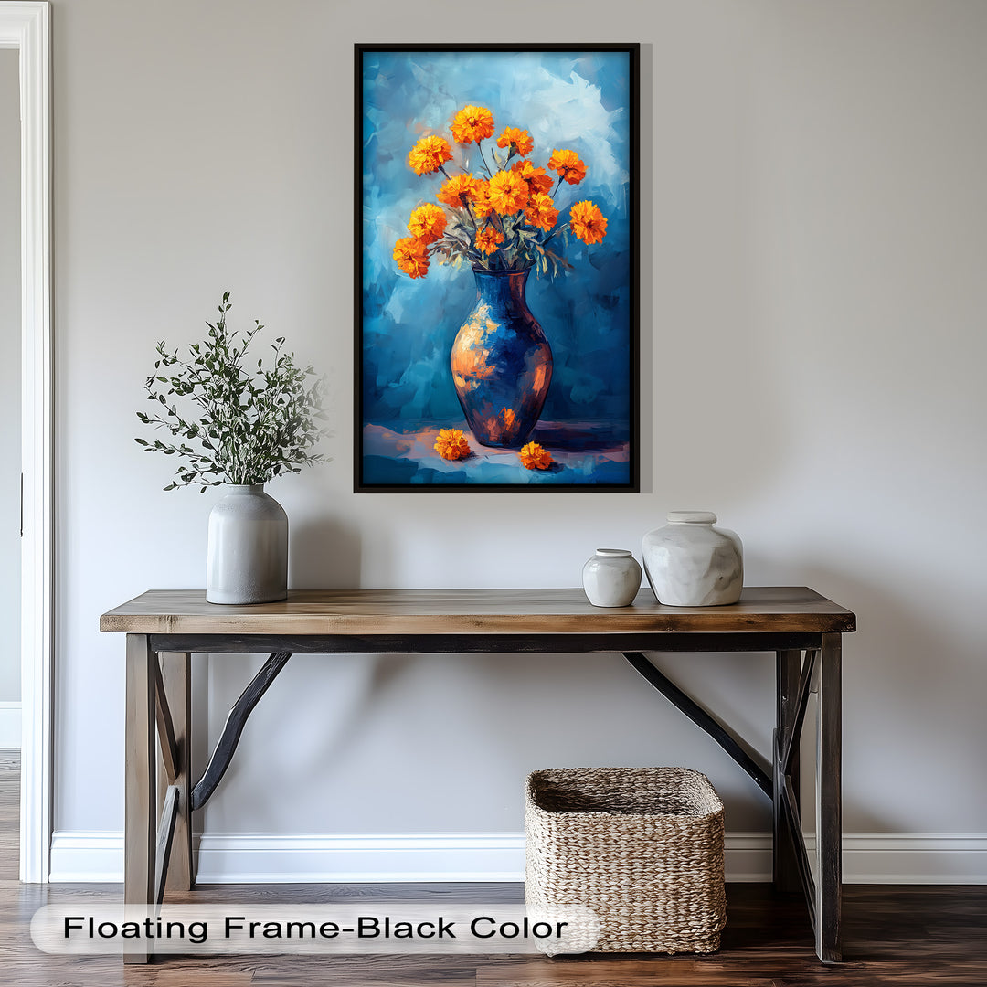 Golden Marigolds in Midnight Blue – Flower Oil Painting