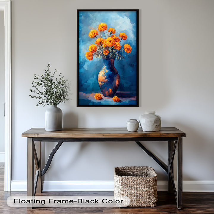 Golden Marigolds in Midnight Blue – Flower Oil Painting