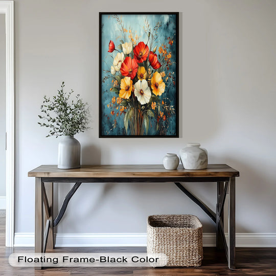 With its layered composition, this vibrant 'Vibrant Harmony' oil painting art print showcases a striking bouquet, achieving depth with its blend of multicolored blooms.