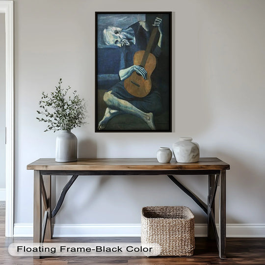 Floating black frame enhances the finish of this Picasso's The Melancholy Musician oil painting art piece, a moving depiction from his Blue Period.