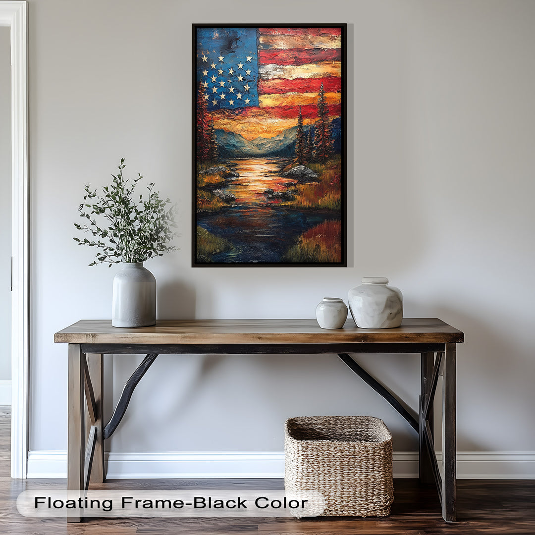 Amerikanische Flagge Sonnenuntergang Landschaft - Patriotisches Ölgemälde