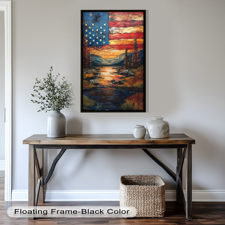 Amerikanische Flagge Sonnenuntergang Landschaft - Patriotisches Ölgemälde