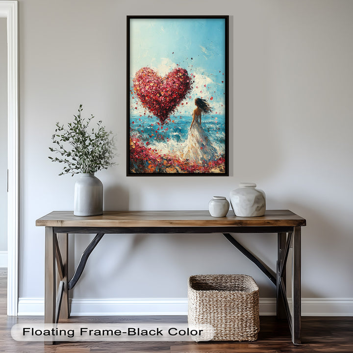 Woman with Heart-Shaped Petals Over the Sea - Love Oil Painting