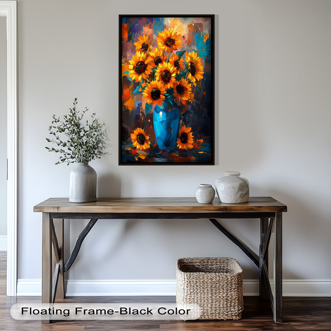 Sunlit Joy – Bold Sunflowers in Blue Vase Oil Painting