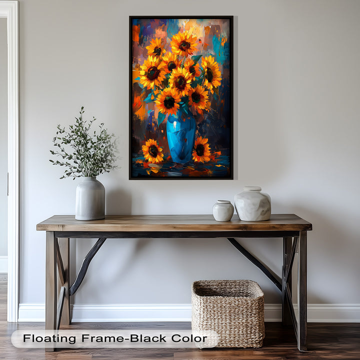 Sunlit Joy – Bold Sunflowers in Blue Vase Oil Painting