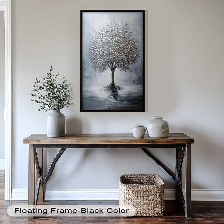 Silver Stillness – Tree in Monochrome Abstract Oil Painting