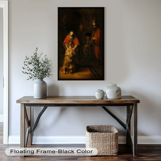 Geometric composition showcases a framed oil painting art prints of 'Return of the Lost Son,' its rectangular shape contrasting with the room's lines.