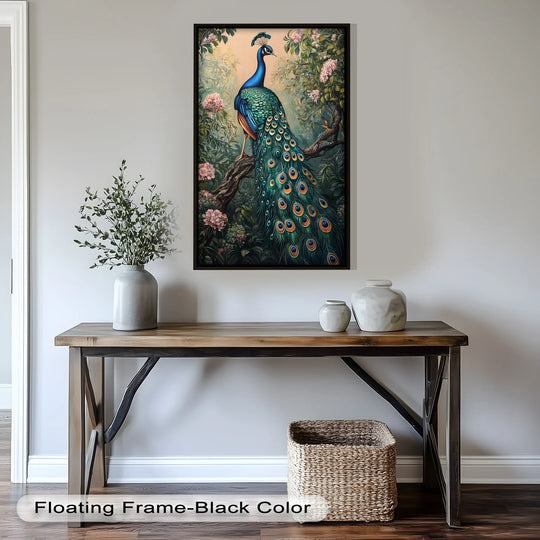 Flowing emerald feathers depict vibrant movement in this animal oil painting art prints showing a regal peacock amidst blossoming branches in a garden of beauty.