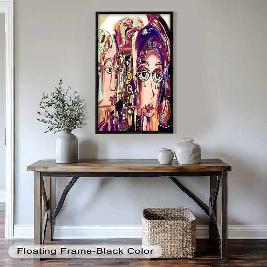 Displayed are the vibrant, abstract details of the Whispers in Color dual faces, featuring expressive eyes rendered in oil painting art prints.
