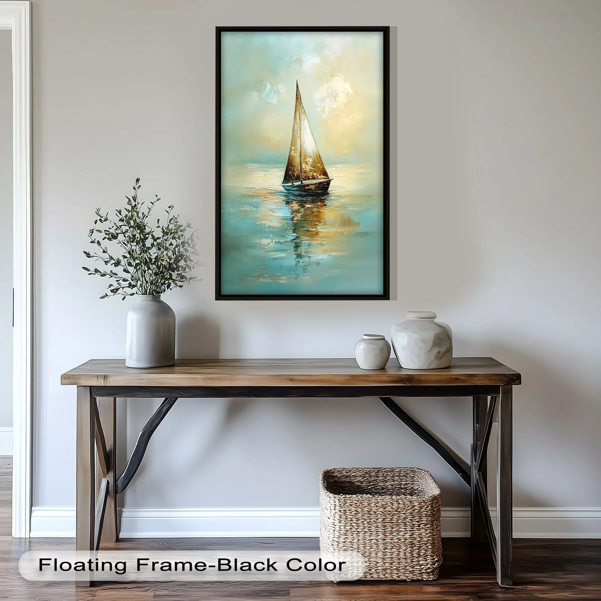 Illuminating the serene sailboat, the brightest area emphasizes the golden sunrise in this oil painting reproduction print of a boat gliding peacefully on calm waters.