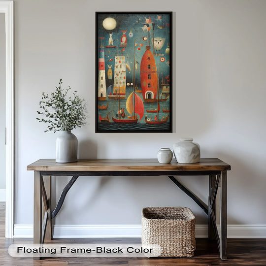 Repetitive shapes of fantastical buildings and whimsical boats create a visual rhythm in this 'Moonlit Harbor Parade' surreal fantasy oil painting wall art.