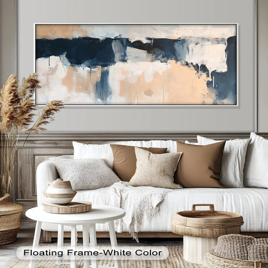 Visual rhythm flows across this abstract oil painting reproduction print, where horizontal strokes of navy and beige create a calming coastal horizon effect.
