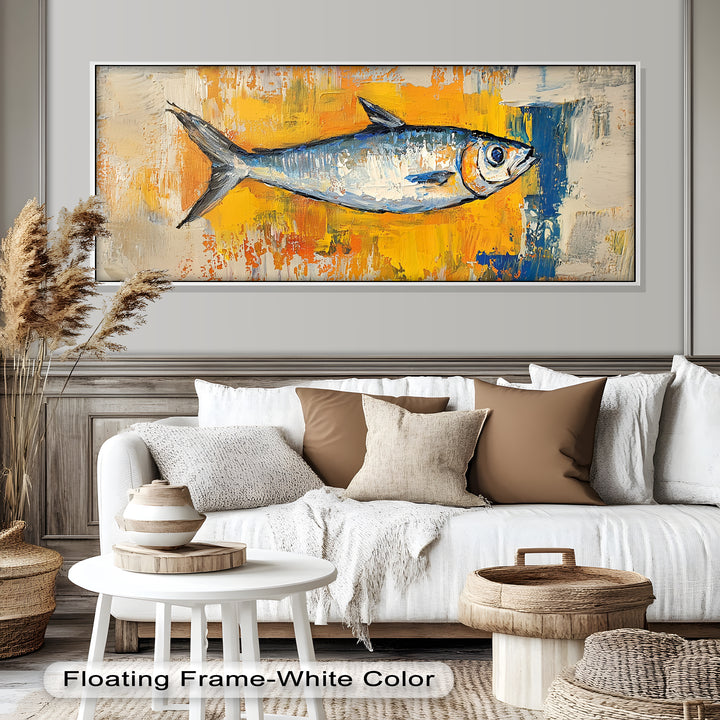 Blue Fish on Vibrant Yellow Background - Animal Oil Painting