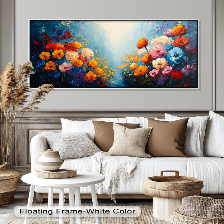 Multicolor Blossoms in Blue Radiance - Flower Oil Painting