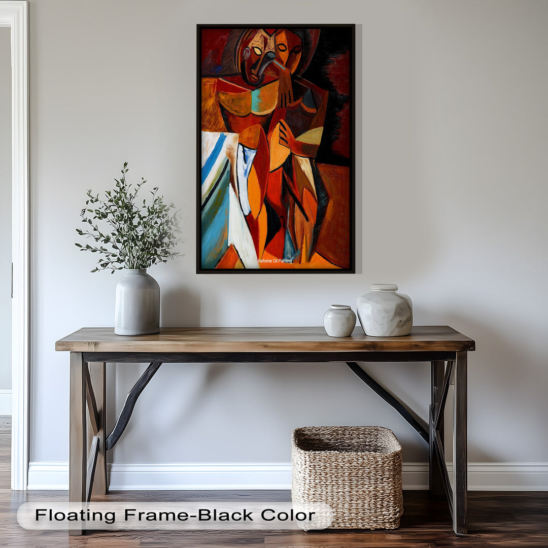 A powerful abstract painting of two intertwined figures, rendered in bold cubist forms and warm earth tones with deep emotional intensity.
