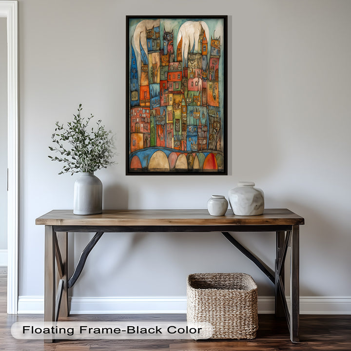 Whimsical Cat Cityscape – Surreal Architecture and Feline Picasso Oil Painting
