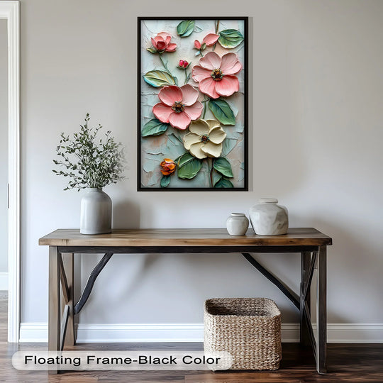 Negative space surrounds the textured, raised blossoms in this floral elegance oil painting decoration, accentuating the artwork's sculptural quality.