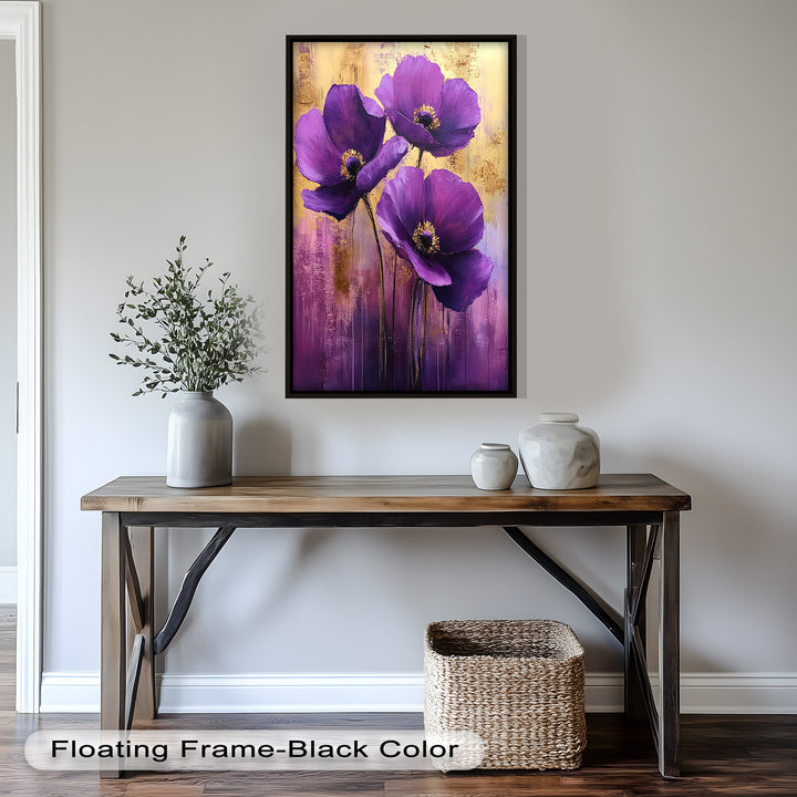 Velvet Blossoms – Purple Floral Elegance with Gold Flower Oil Painting