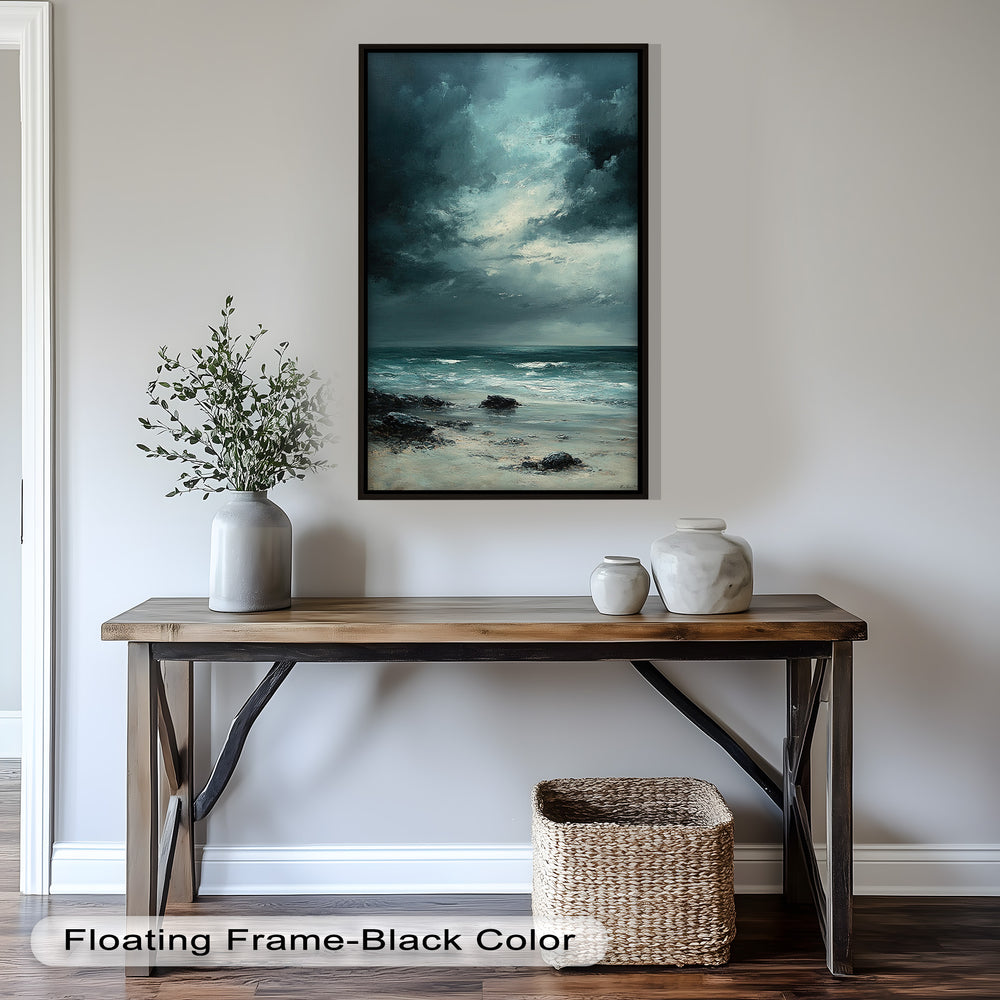With deep blues and stormy grays, the artwork evokes a sense of solitude and awe, reflecting the quiet power of nature before a storm.