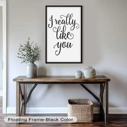 Highlighting the geometric elements, this framed I Really Like You oil painting wall art features strong rectangular shapes contrasted by the cursive typography.