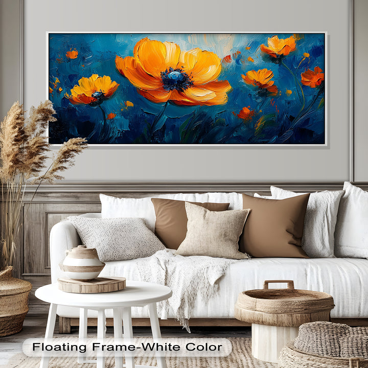 Orange Flowers on Deep Blue - Flower Oil Painting