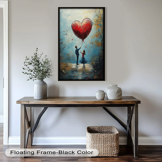 Multiple layers of light and shadow emphasize the depth in this romantic scene, a fine example of oil painting art prints featuring a couple with a red heart balloon.