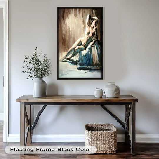 Framed echoes of light, a reclining nude becomes a striking oil painting decoration that draws the eye with its classic yet modern composition.