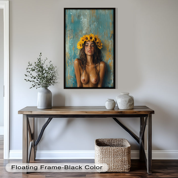 Sun-Kissed Solstice – Woman with Sunflower Crown Abstract Oil Painting