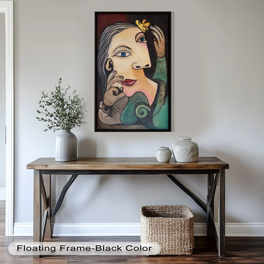 The brushstrokes create the softest element in this surreal 'Whimsical Bloom' oil painting artwork, highlighting the Picasso-style woman and her delicate yellow flower.