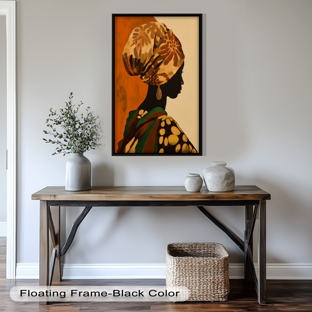 The detailed textures of the headwrap and garment bring richness to the piece, making it a striking tribute to African identity and feminine elegance.

