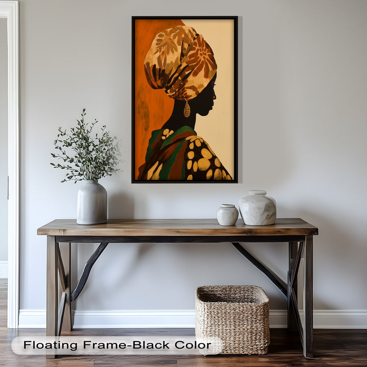The detailed textures of the headwrap and garment bring richness to the piece, making it a striking tribute to African identity and feminine elegance.

