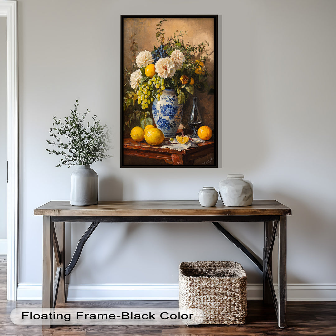 A richly detailed still life featuring a blue and white floral vase with white dahlias, grapes, lemons, and a glass of red wine on a rustic table.