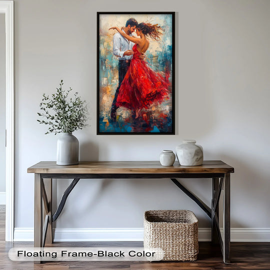 Heavily textured surface shows the brushstrokes and impasto layers that bring the fiery romance of this flamenco couple in red dress oil painting art piece to life.