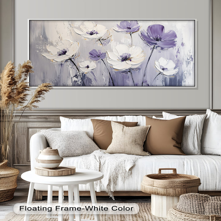 White and Purple Florals on Misty Background - Flower Oil Painting