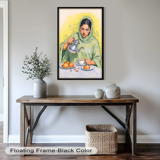 Vibrant color contrast accentuates the food painting with a woman pouring tea, enhancing its visual appeal as unique oil painting decoration.