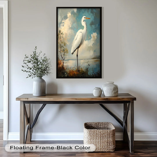 Highlighting the abstract quality, the gracefully blended brushstrokes of this oil painting reproduction print capture an impressionistic scene of a marshland egret.