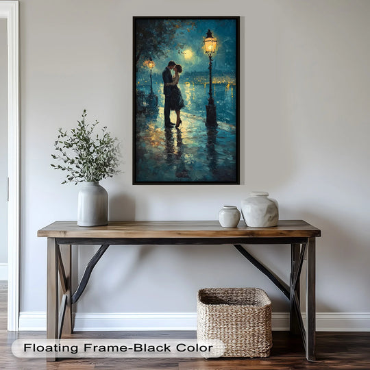 Dominant blues and golds create a romantic ambiance in this oil painting artwork depicting a couple under the soft glow of moonlit street lamps.