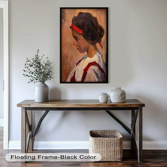 Masterfully crafted, this 'Side Portrait of a Young Woman in Red Ribbon' showcases the exceptional material quality of oil painting artwork, highlighting texture and vibrant color depth.