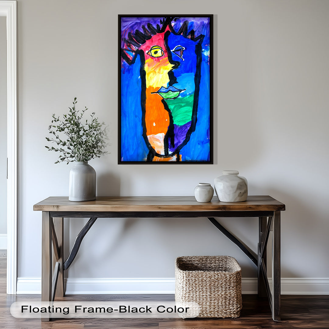 An energetic, Picasso-inspired face illustration using bold hues and contrasting shapes to create emotional depth.