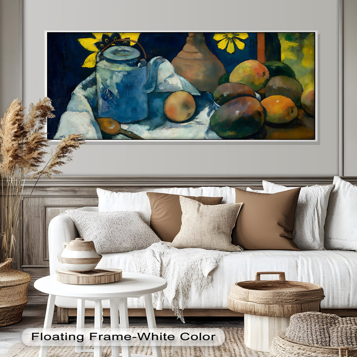 Rustikales Stillleben mit Mangos und Teekanne – Food Paintings