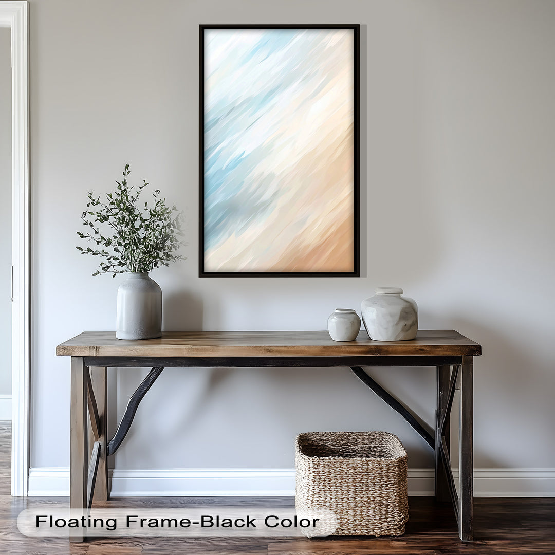 Seaside Drift – Abstraktes Ölgemälde in sanftem Blau und Sand