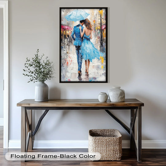 Rectangular framed oil painting displays the geometric shapes of a couple under an umbrella, enhancing modern oil painting art on the wall above a wooden console table.