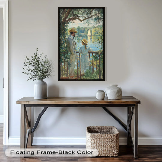 Celebrating the abstract quality of this impressionist oil painting artwork, the tranquil scene of a father and daughter by the lake dissolves into textured brushstrokes.