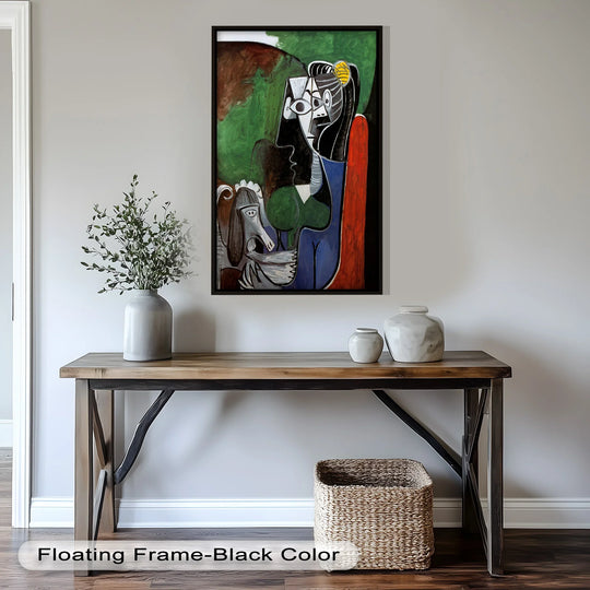 Vertical, rectangular modern oil painting art depicts a surreal Picasso-style portrait of a lady with a poodle using Cubist abstraction with rich colors.
