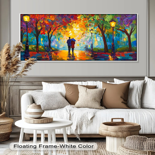 Intense color saturation defines this romantic oil painting art print, depicting a couple under an umbrella, a modern oil painting art bursting with vibrant hues.