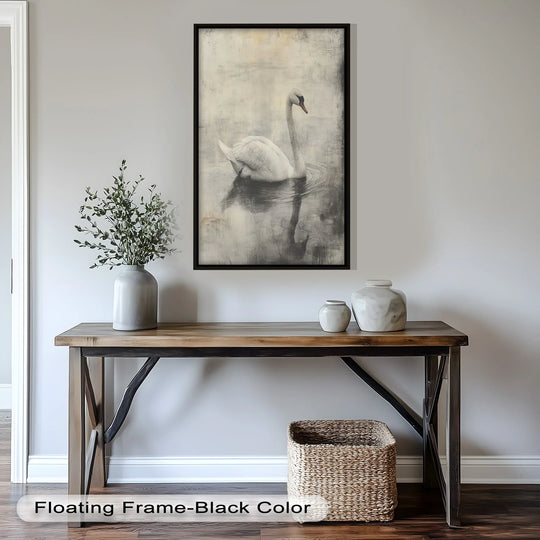 Highlighting the abstract quality, the monochrome swan oil painting artwork suggests a quiet, ethereal scene with soft textures and fluid, indistinct reflections.