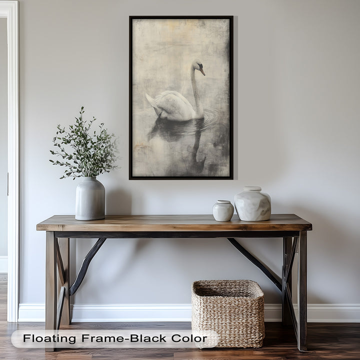 Silent Grace – Monochrome Swan on Still Water Oil Painting