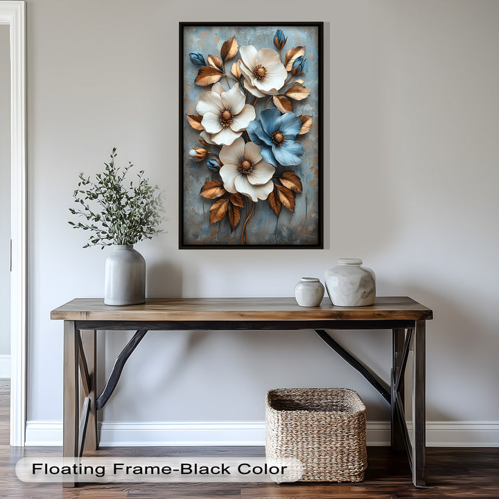 Gilded Petals – Luxuriöses Ölgemälde mit weißen und blauen Blumen