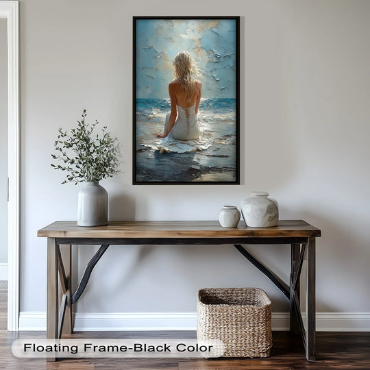 Organic forms define this modern oil painting art featuring an abstract woman at the ocean, with the artwork's textured surface mimicking the tide's ebb and flow.